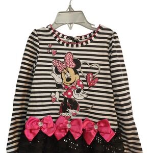 Disney Minnie Mouse Bling Dress Black White Stripe Pink Bows‎ Girls Size 3T